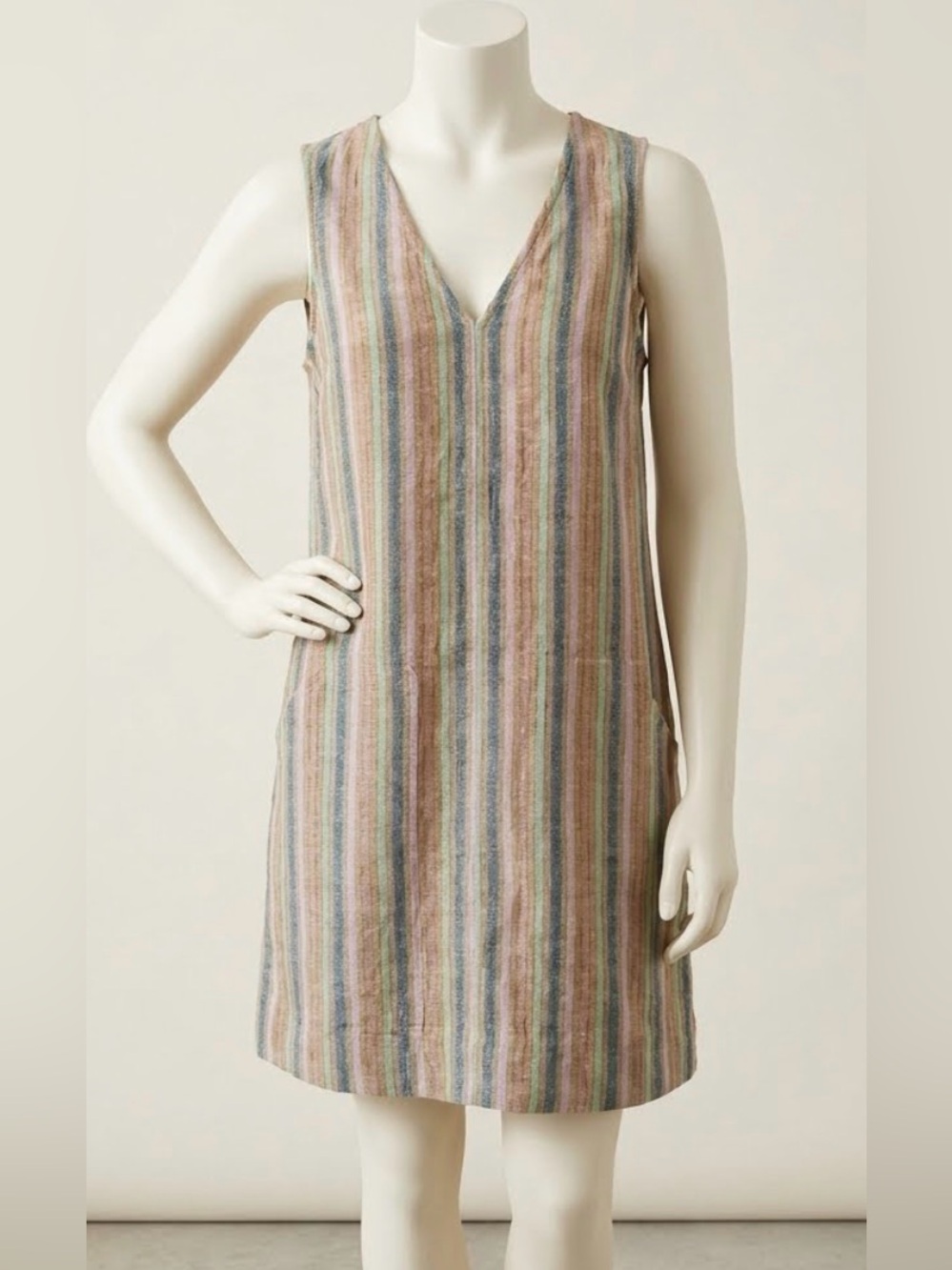 Sleeveless Striped V-Neck Linen Shift Dress - Multicolor
